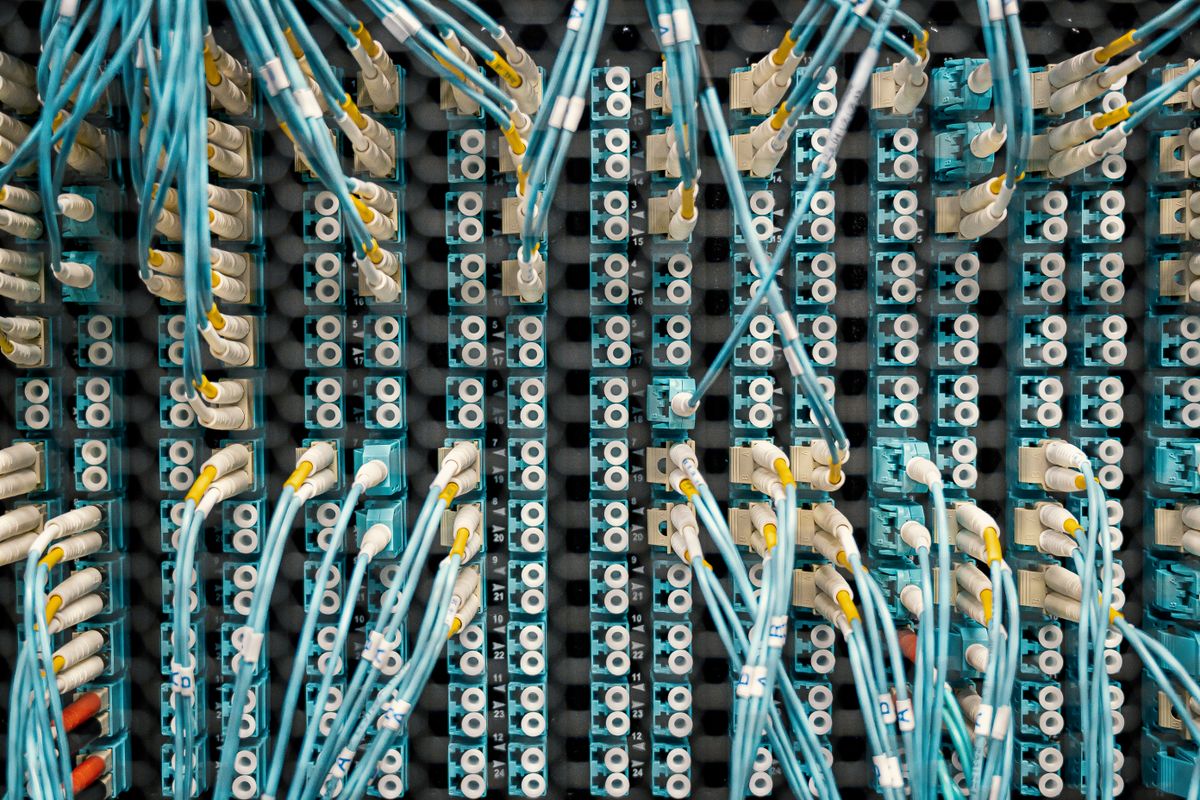 A neatly organised network patch panel